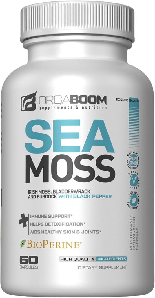 Sea Moss kapsule Irish Sea Moss dodatek z organskim korenom, Bladderwrack & Black Pepper 