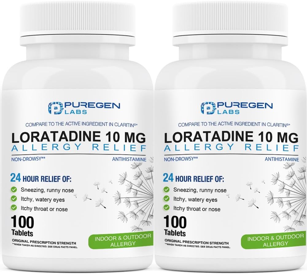Puregen Labs Alergija Relief, Loratadine 10mg, 100 Tablete – 24 ur nezadržno Antihistaminik Alergija Medicina za runny nos, Sneesing, Srbeče, Vodne oči (2)