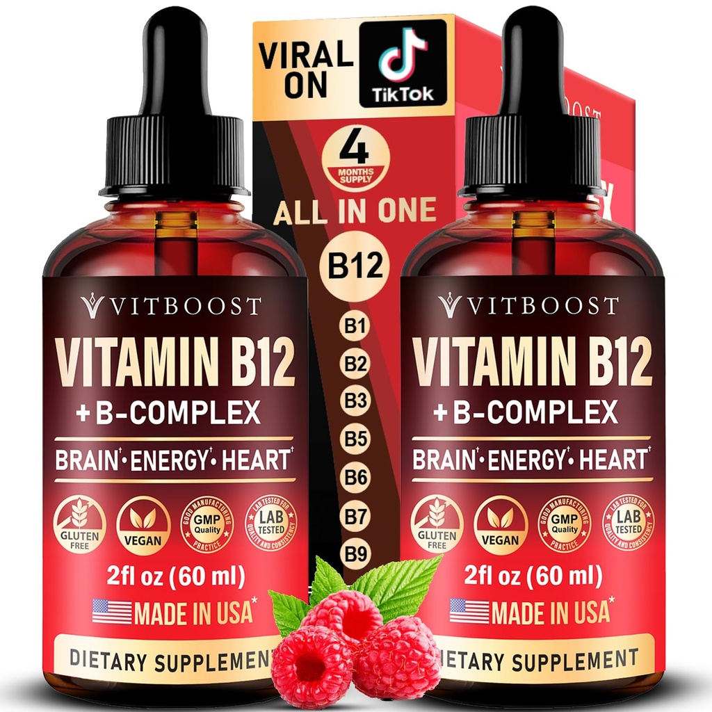 Vegan vitamin B12 z B kompleksom 20000 mcg- Dodatna moč za moške in ženske- Raspberry tekoče kapljice. USA Made, B1, B2, B3, B5,B6, Biotin, Folna kislina & B12 Podjezično metilkobalamin 