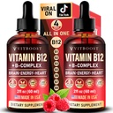Vegan vitamin B12 z B kompleksom 20000 mcg- Dodatna moč za moške in ženske- Raspberry tekoče kapljice. USA Made, B1, B2, B3, B5,B6, Biotin, Folna kislina & B12 Podjezično metilkobalamin 