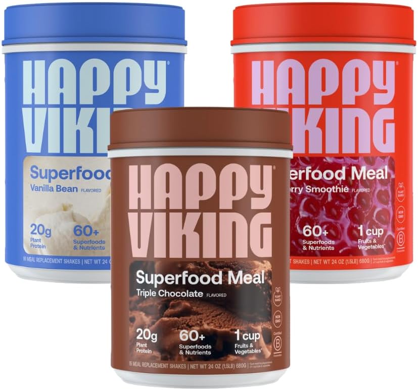 Srečna vikinška čokolada, Vanilla in jagodni prah, ki jih Venus Williams, 20G beljakovine, Nizki ogljikovi hidrati, Keto, Vegan, Gluten-free, Superfoods, Popolna mesna zamenjava, 3 Kanistri (24 oz. Vsaka)