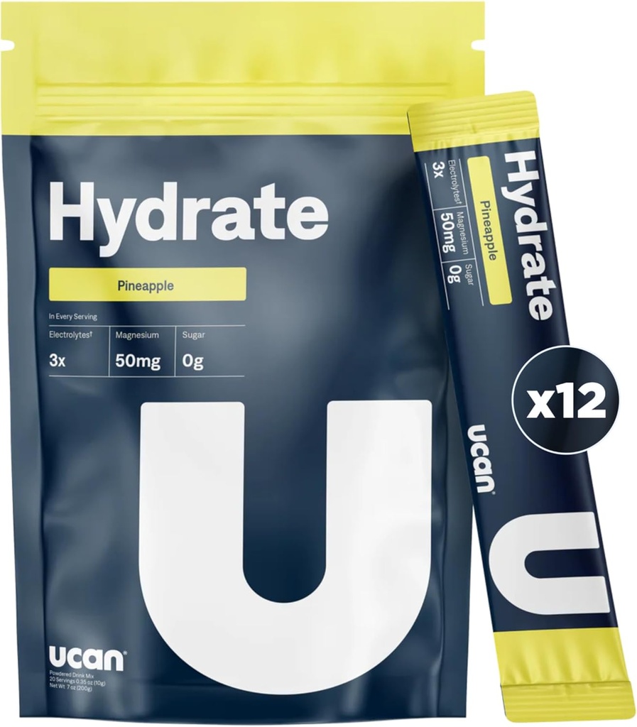 UCAN Hydrate Electrolyte Drink Mix (Pineapple, 12 Stickpacks) Sugar-free, Keto-prijateljski, Vegan, Non-GMO, Gluten-free Elektrolitni prašek s kalijem in magnezijem za runerje in športnike