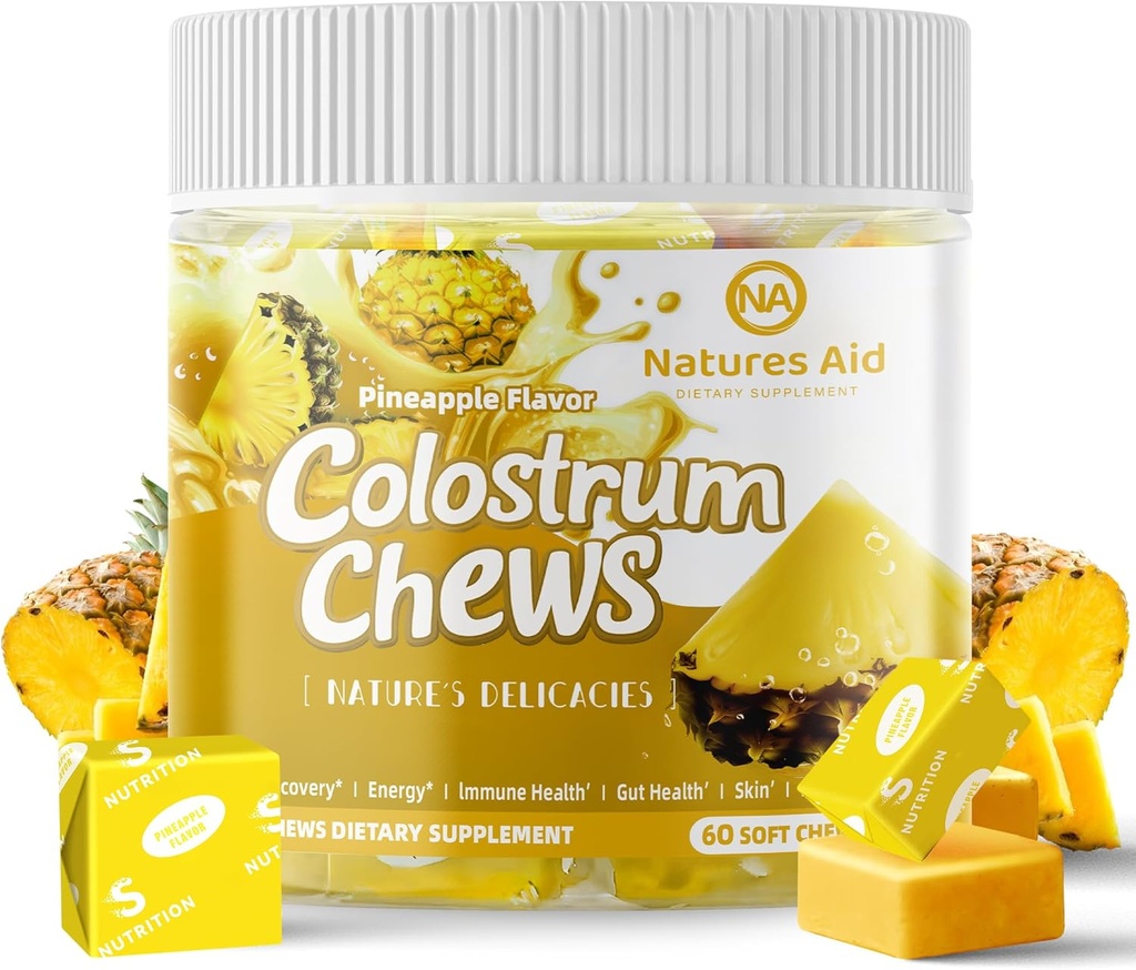 Kolostrum žveči dopolnilo s probiotiki za črevesno zdravje, napihnjenost, imunske podpore, kožo, rast las in lepoto - Ananas aromo (60 strežbe)