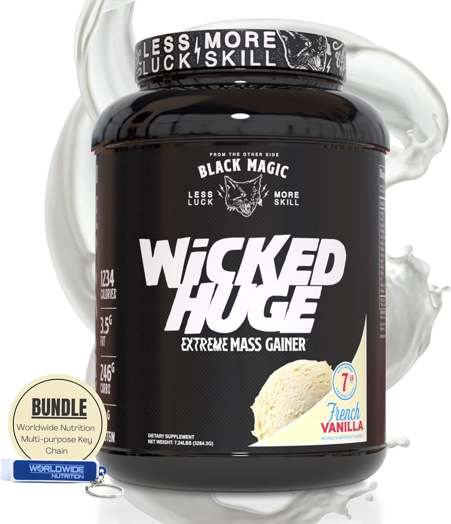 Worldwide Nutrition Bundle Združljiv s črno Magic Wicked Huge - Mass Gainer Francoska Vanilla Flavor za podporo mišic in recovery, 7.24 LBS Protein Powder dodatek s ključno verigo
