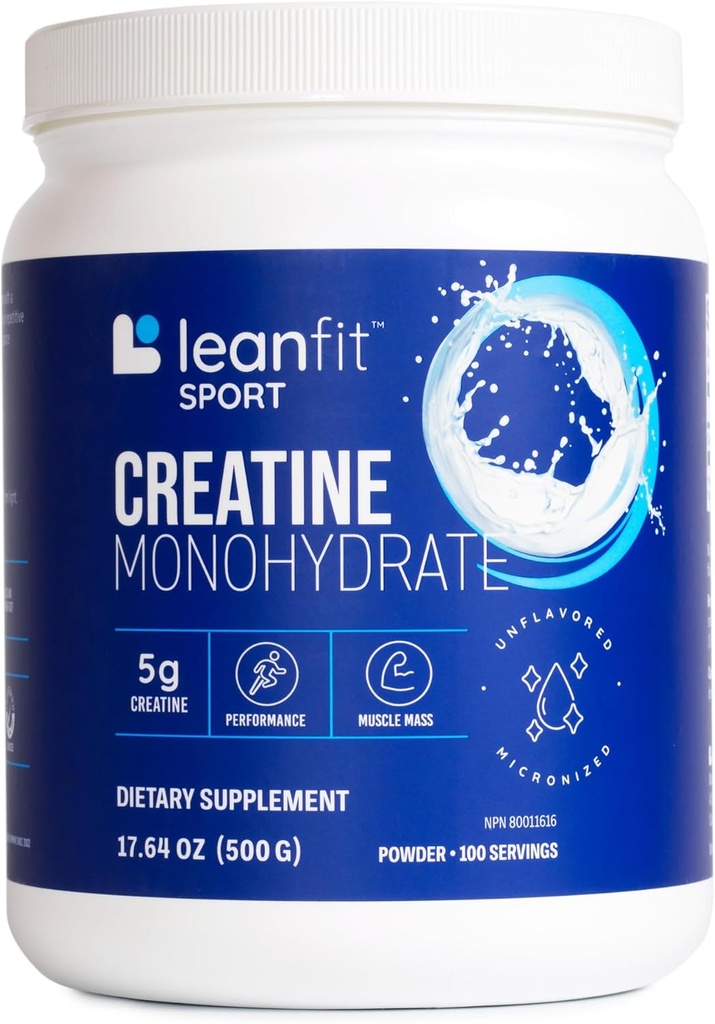 LeanFit Sport CREATINE MONOHYDRATE prašek, nearomatizirana - Informed Choice Certified, Micronized & Farmacevtski razred Kreatin, Gluten-free, Vegan – 5g Kreatin na strežbo, 100 Serving, 17.64oz Tub