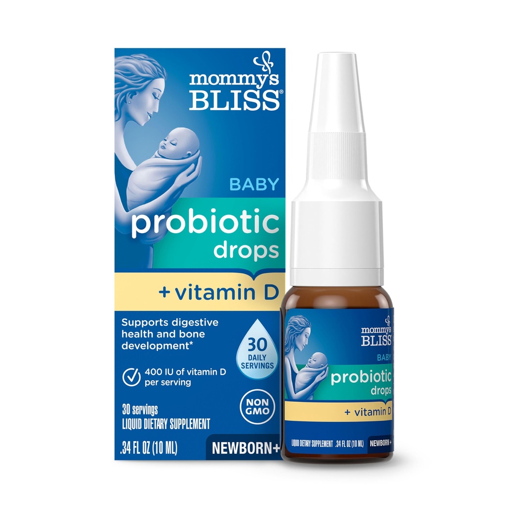 Mamina Bliss Baby Probiotične kapljice + Vitamin D, Podpira Prebavno zdravje in imuniteto, 400IU Vitamin D za zdravo razvoj kosti, Novorojenčki +, Brez arome, 0.34 Fl Oz (30 Serving)