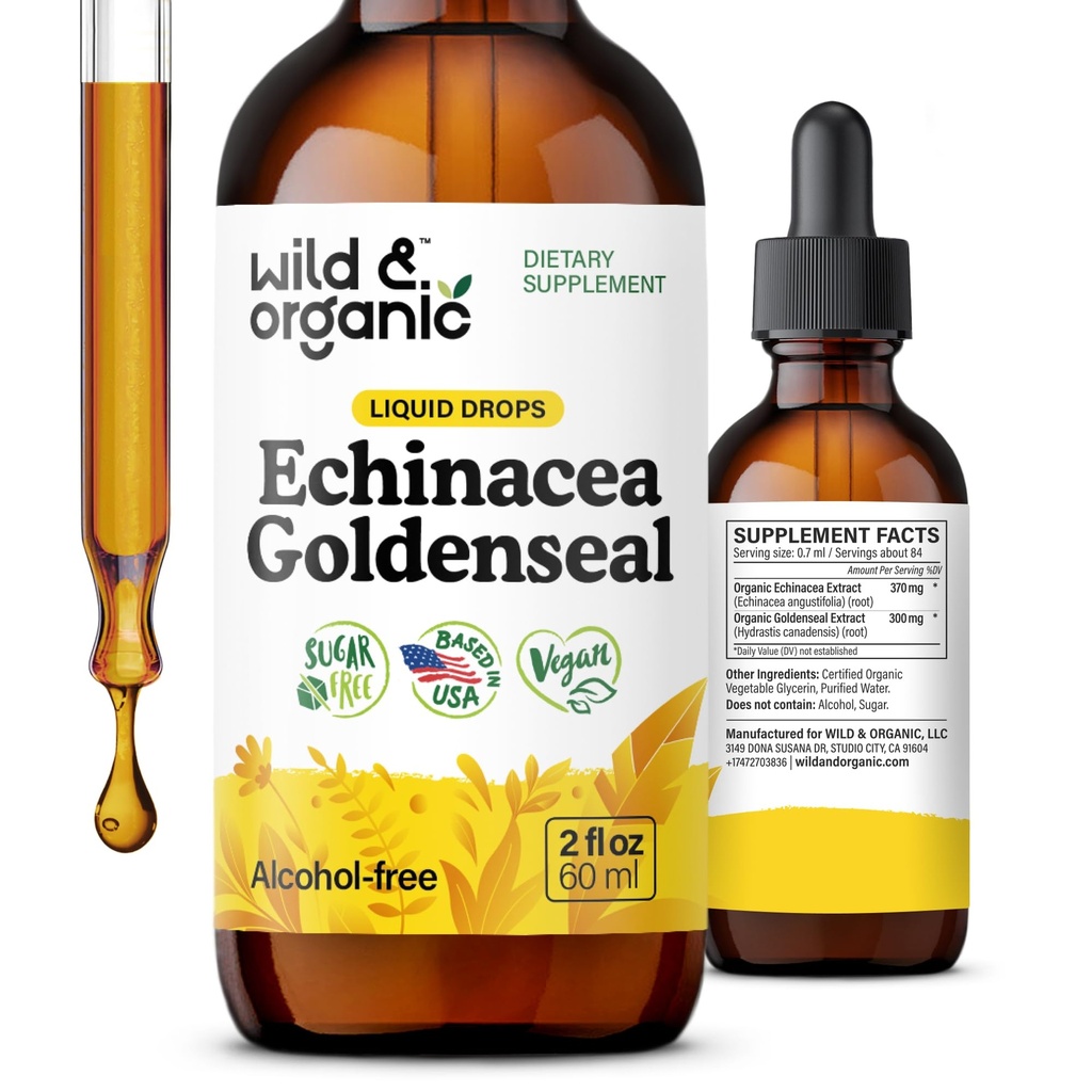 Divji in organski Echinacea Goldenseal tekoče kapljice - Imunska podpora dodatek w/ Goldenseal Echinacea Root Extract - Vegan, sladkor in alkohol brez tinkture - 2 fl oz