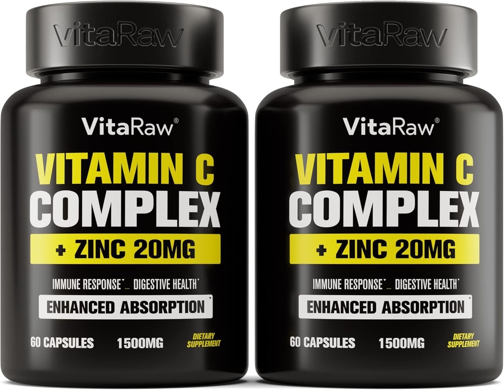 Vitamin C dodatek 2 Pakiranje (120 Veggie Kapsule) - 1500mg z cinkom 20mg - Največja absorpcija Vitamin C Imunska podpora kompleks - Vitamin C Kapsule in cinkovi vitamini za odrasle, Vit C Imunska pomoč Vegan
