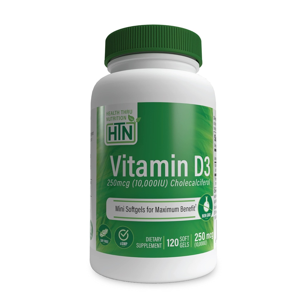 Zdravje Thru Nutrition Vitamin D3 10.000iu 120 Mini softgels za največjo korist  Stopnja za organsko EVOO 