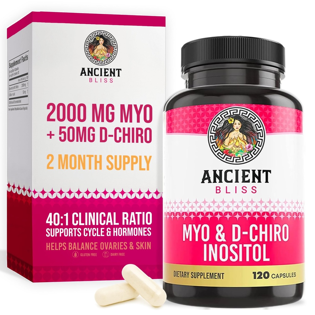 Antična Bliss Myo & D-Chiro Inositol dodatek, 40 za 1 Razmerje, Pomaga pri Ovarian Funkcija Podpora za ženske, Vitamin B8 Pomaga pri urejanju Menstrual cikel, 2050mg na serviranje, 120 Veganske kapsule