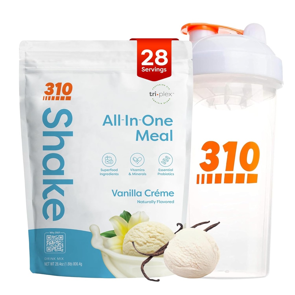 310 Nutrition All-in-One Mechange Shake Powder w/Shaker Cup Starter Kit - High Protein Fiber Rich Vegan Superfood Mešanica - Sugar-free, Keto & Paleo prijazno, Low Carb - Vanilla Creme 28 srv