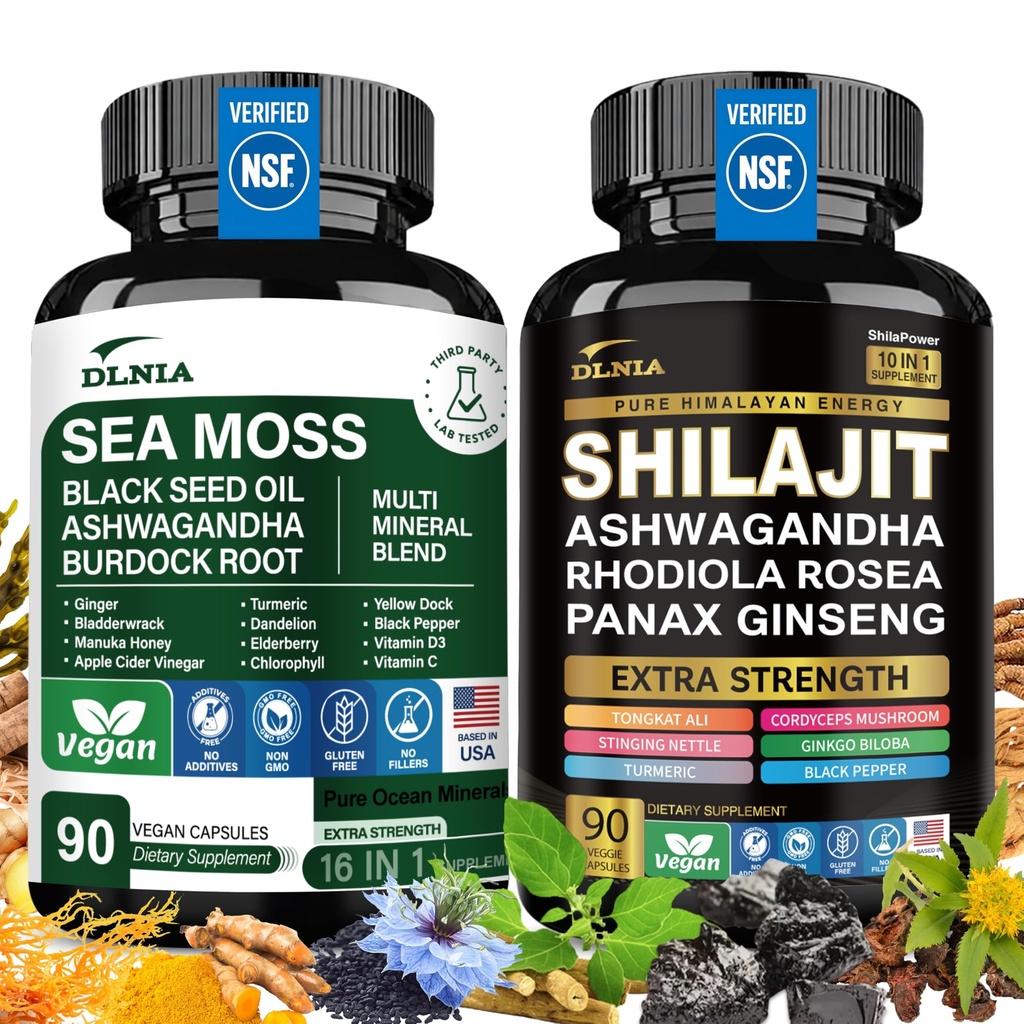 Shilajit 9000mg, Sea Moss 17500mg, Ginger & Black Seed Oil 4000mg, Ashwagandha 5000mg, Rhodiola Rosea, 1000mg Panax Ginseng 1500mg, Vse v 1 dodatek - Sea Moss & Shilajit Vitality Bundele