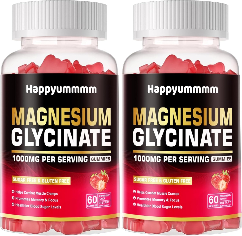 Magnezij Glycinate Gumies 1000mg - Brez sladkorja Magnezij Kalij dodatek z vitaminom D, B6, CoQ10 za mirno Mood in podporo za spanje - 120 Jagode