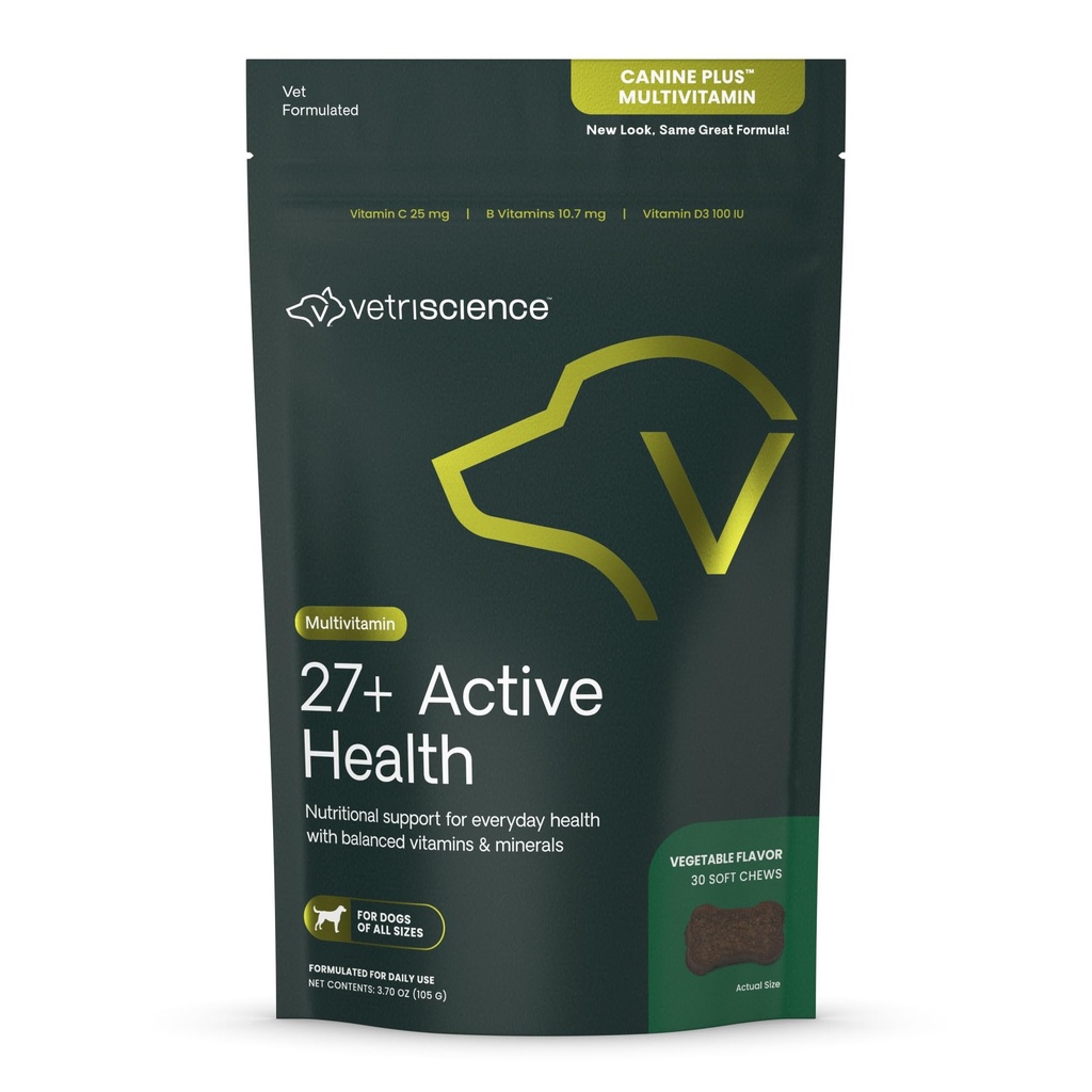 VetriScience 27+ Aktivni Health Chews, Canine Plus Daily Multivitamin za kužke in odrasle pse, Uravnoteženi vitamini, Minerali in antioksidanti, Zdravje in wellness podpora, Veggie, 30 Število