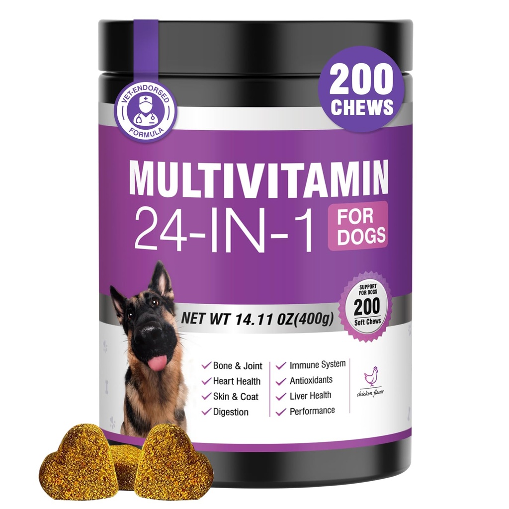 24 v 1 pes Vitamini in dodatki 200 Ct psi multivitaminski žvečljivi contain hondroitin probiotiki Omega-3 glukozamin za pse kožni plašč srce skupno črevesje jetra možganov oči imunske podpore - piščanci