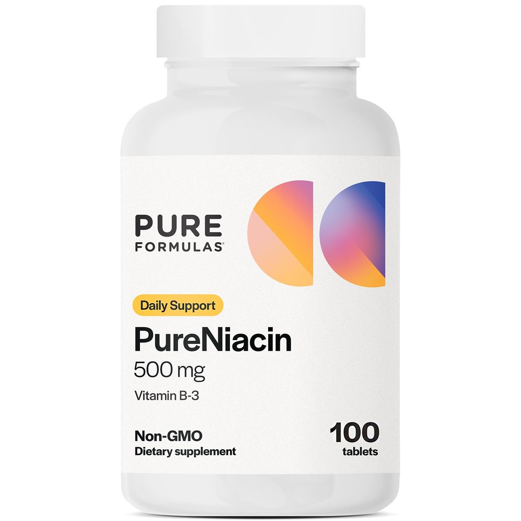 PureFormulas Pure Niacin - Vitamin B3, 500 mg Takojšnja sprostitev Niacin 500mg - Nikotinska kislina 100 tablet - Ne- GMO B3 Vitamini Niacin Dodatek