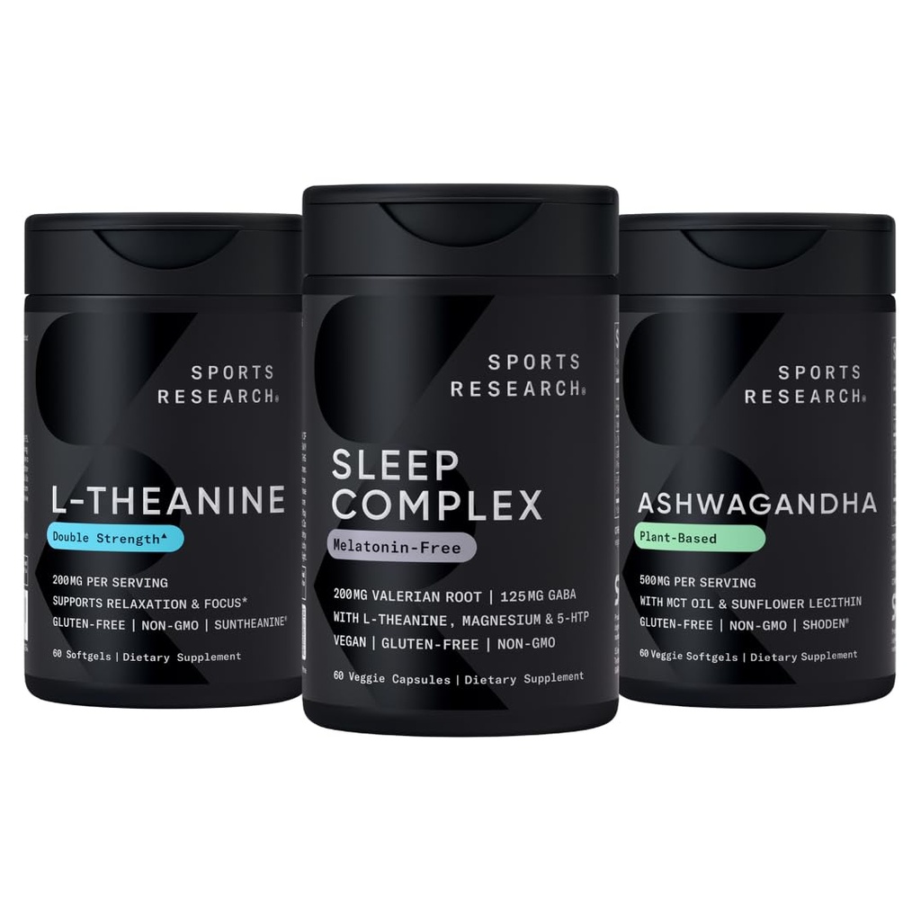 Sports Research Sleep Complex Melatonin-free Vegan kapsule, dvojno moč L-Theanine dodatek za fokus, sprostitev in opozorilo in Ashwagandha Softgels za sprostitev, mir in spanje podporo