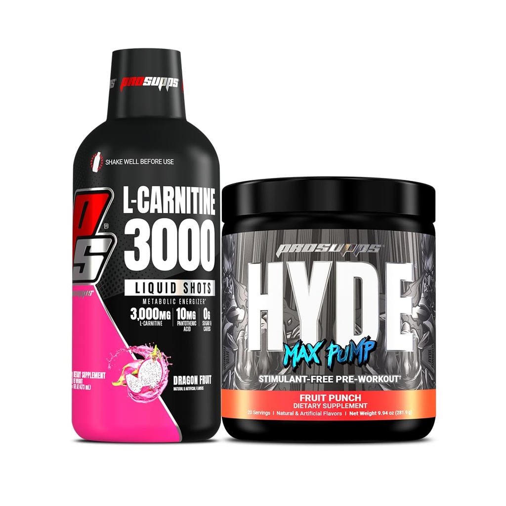 PROSUPPS L-karnitin 3000 Brezalkoholni tekoči streli (zmajev sadež) in Hyde Max Črpalka Pred vadbo za moške in ženske (Fruit Punch)