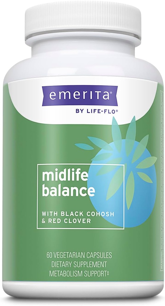 Emerita z Life-flo Midlife Balance, Menopause dopolnila za ženske, Zdrava uravnotežena podpora s črno Cohosh in Red Clover, 60-dnevno jamstvo, Ni testiran na živalih, 30 Servings, 60 VegCaps