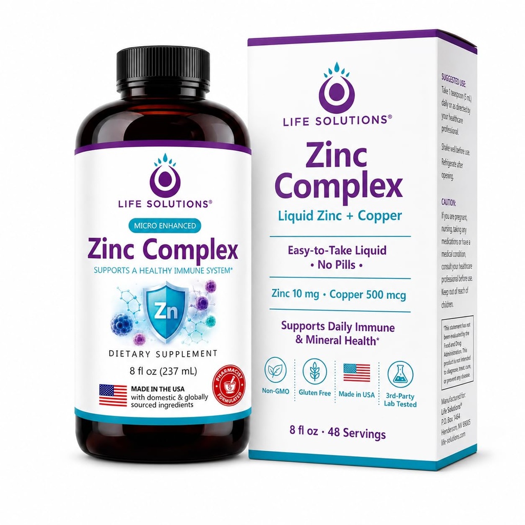 Life Solutions Liquid Zinc Supplement with Copper, Zinc Gluconate & Copper Gluconate, Zinc Complex for Daily Mineral Support, No Pills, Non-GMO, 8 fl oz, 48 Servings
