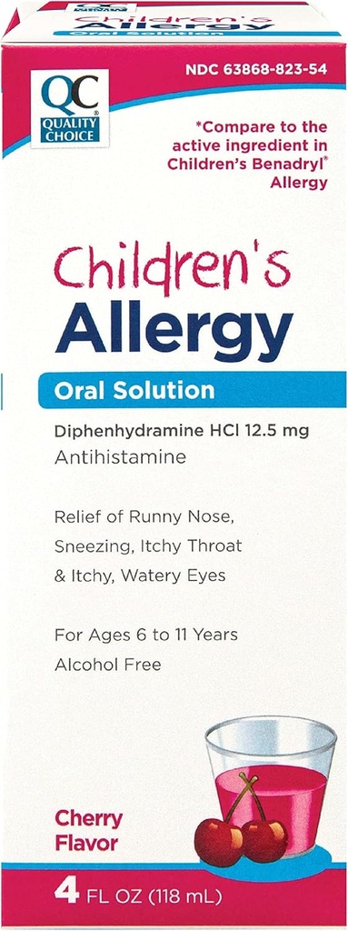 Quality Choice Children's Alergy Medicine, Ne-Drowsy Tekoči antihistaminik rešitev. Češnjeva aroma brez alkohola Aktivni difenhidramin za kašelj, nosni izcedek, srbenje oči in grlo Relief 4 oz