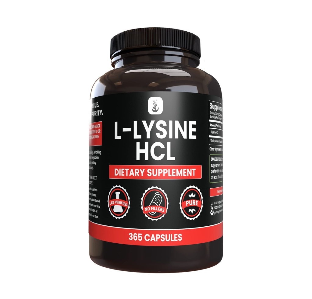 PURE POREKLA SESTAVINE L-Lysine HCl (365 kapsul) Brez magnezija ali riževih polnil, vedno čista, laboratorij preverjen