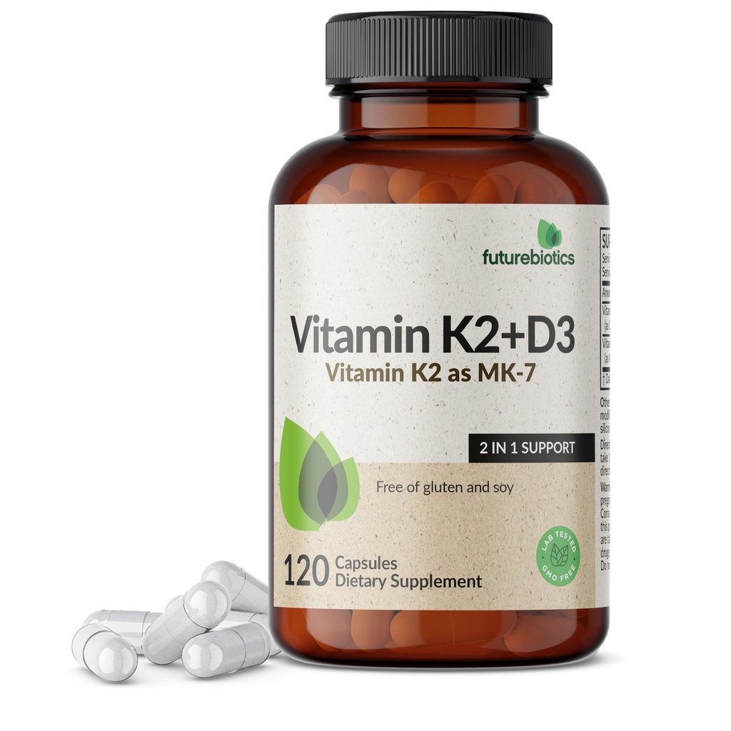 Futurebiotics Vitamin K2 (MK7) z D3 dopolnilom - ne-GMO Formula - 5000 i.e. vitamin D3 & 90 μg vitamin K2 MK-7, 120 vegetarijanskih kapsul