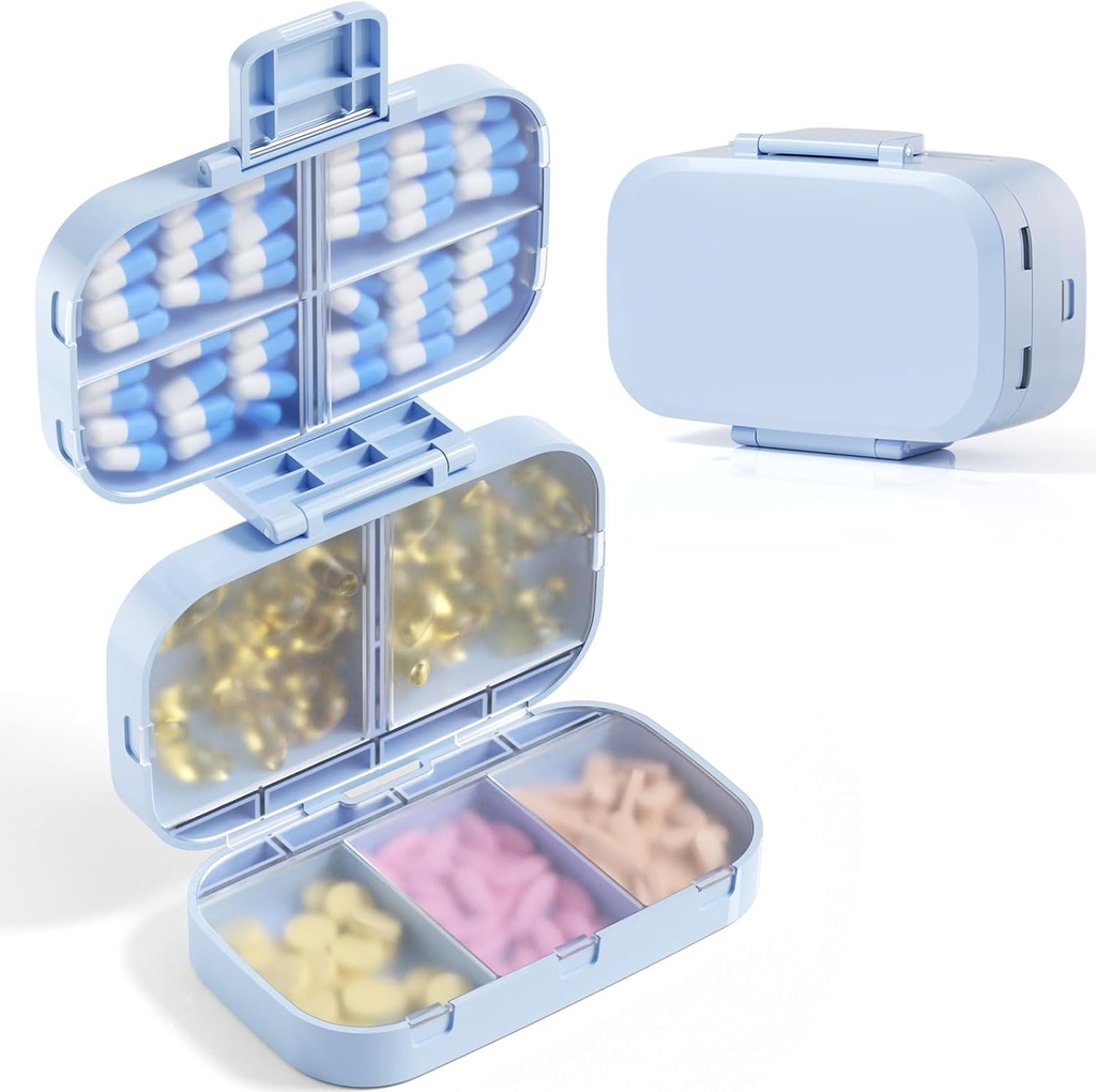 MEACOLIA Triple Folding tablete Organizator, 9 Kompartmenti potovalne tablete Primer z veliko kapaciteto, Dnevne tablete Škatla majhne tablete Vsebnik za vitamine, Cod Jetrna olja,Dodatki (modra)