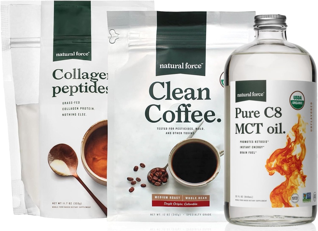 Naravna sila organska čista kava, kolagen peptidi, in Pure C8 MCT Oil Bundele – Toxin Free Coffee, Grass Fed Collagen, & MCT - Non-GMO, Keto, & Paleo - 12 Oz, 11.7 Oz, 32 Oz