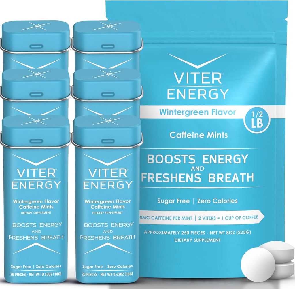 Viter Energija Original Caffeine Mints Wintergreen Flavor 6 Pack and 1/2 Pound Bulk Bag Bundele - 40mg Kofein, B Vitamini, Sladkor brez, Vegan, Močen energijski ojačevalec za fokus in opozorilo