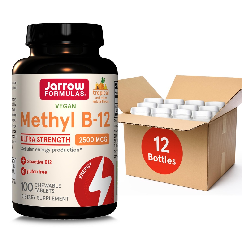Jarrow Formule Ultra Strength Metil B-12, Prehranska dopolnila za proizvodnjo celične energije, 100 Tropsko razžvečljive tablete, do 100 dni dobave, paket po 12