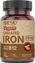 Vegansko kelirano železo DEVA z dodanim vitaminom B-12, prehranska dopolnila, 29 mg, 90
