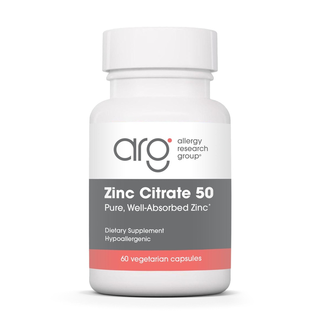 Alergija Raziskovalna skupina Cinkov citrat Dodatek - cink za moške in ženske, Imunska podpora, Čist, dobro absorbirana, dobro tolerančna, Trace Mineral, 50mg Vegetarijanske kapsule - 60 Count