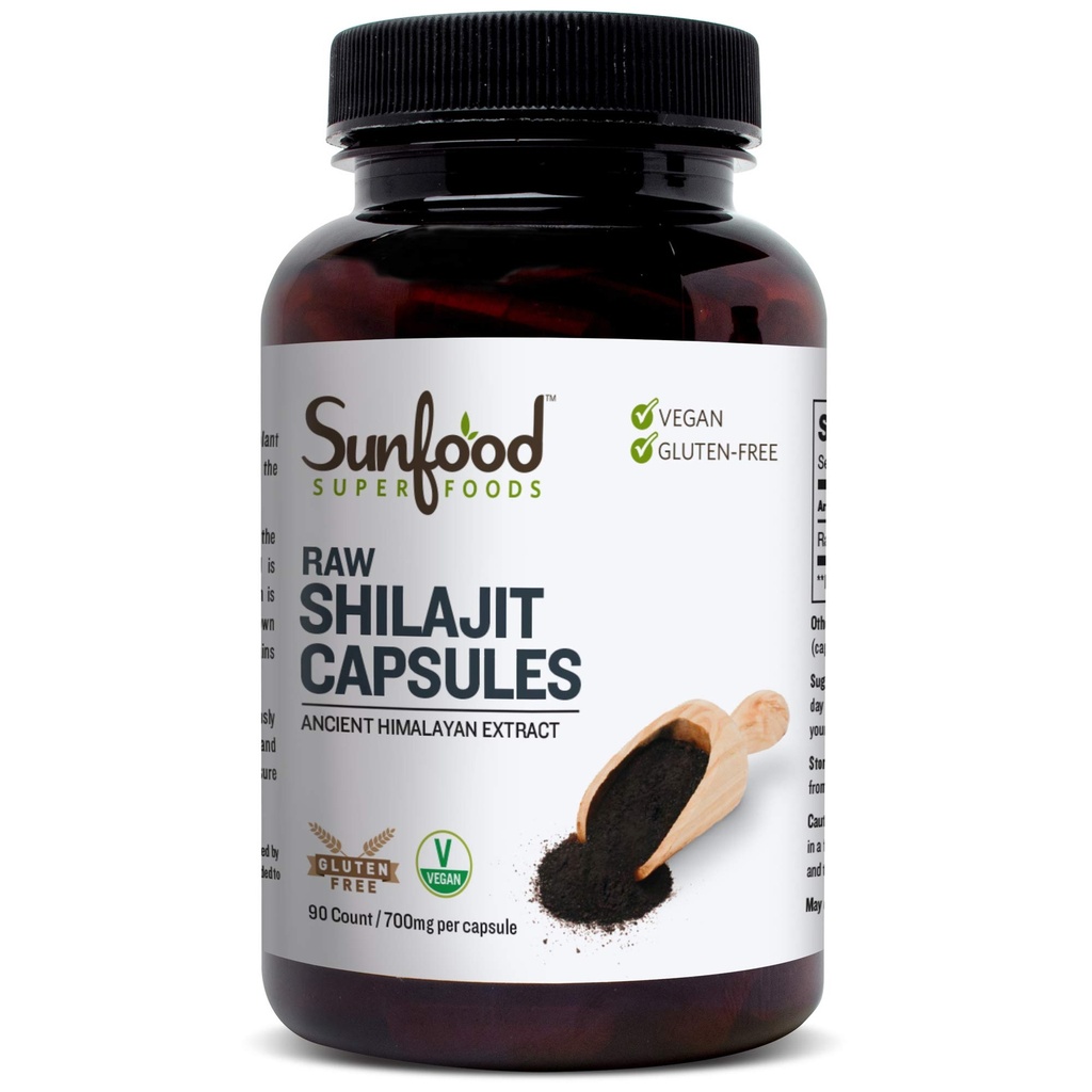 Sunfood Superfoods Shilajit kapsule - Pure Shilajit Resin za ženske in moške, starodavni himalajski ekstrakt s fulvično kislino, minerali, tablete v prahu Shilajit - 90 kapsul