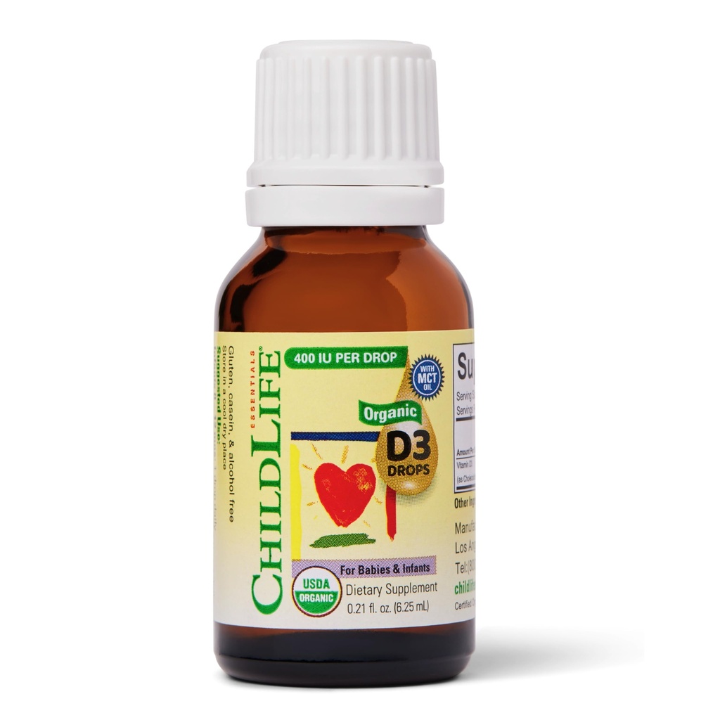 CHILDLIFE Essentials Organic Vitamin D3 Kapljice za dojenčke in novorojenčke - Baby Vitamin D Kapljice, 400 i.e. na tekočo kapljico, Imunska in kostna zdravstvena podpora, USDA organska, brez arome - 0,21 Fl Oz (1 pakiranje)