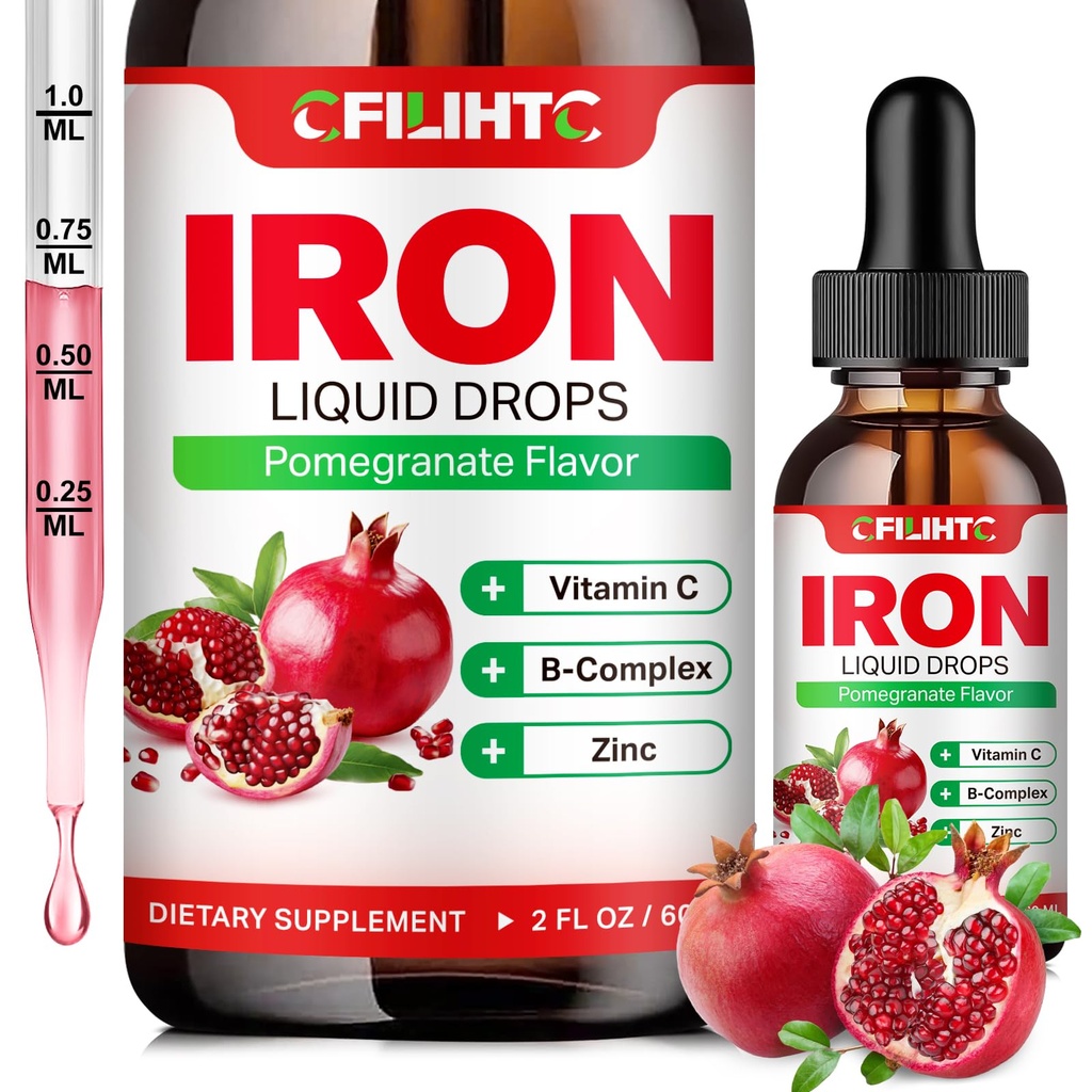 Tekoči železovi dodatki za ženske Moški & otroci Večvitaminski železovi kapljice z Folat, Vitamin C, B6, B12, Cink za anemijo, pomanjkanje železa, Blood Builder, Energy - Naravni Pomegranate Flavor, Vegan 2 Fl Oz