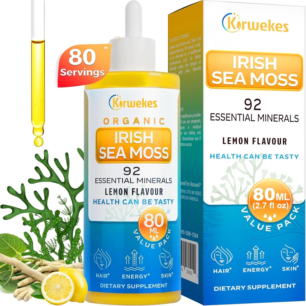 Sea Moss & Ashwagandha Korenine kapljice - 10X Močnejše Seamoss & Ashwagandha za ženske & moške, Sea Moss kapljice za Mood, Immunity, Digestive, Energy, Skin, Hair Joint(Lemon Flavour - 80 Servings