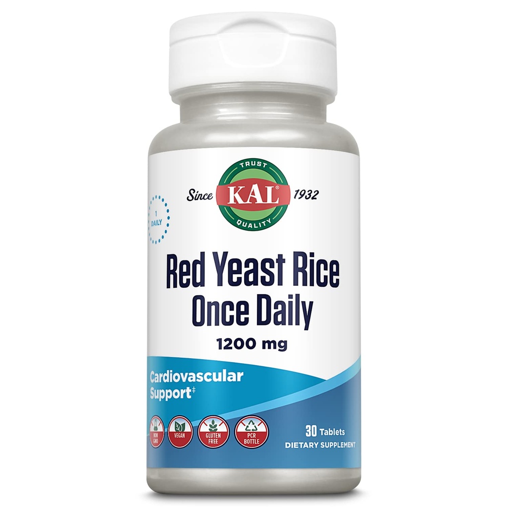 KAL Rdeči Kvas Riž enkrat na dan 1200 mg, Kardiovaskularna podpora* dodatek z naravno pojavljanje nenasičene maščobne kisline, Aminokisline in fitonutrienti, Vegan, Gluten prost, 30 Serving, 30 tablet