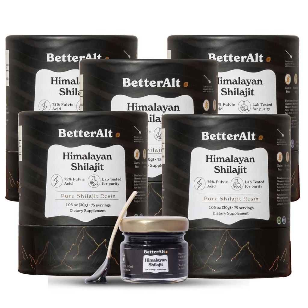 Better Alt Pure Himalajan Shilajit Resin Pack 5 Visoka moč zlata stopnje 375 Služabniki za povečanje energije in imunske podpore, 85+ Trace Minerals, 75%+ Fulvic Acid, z Lab test Report, 400 mg