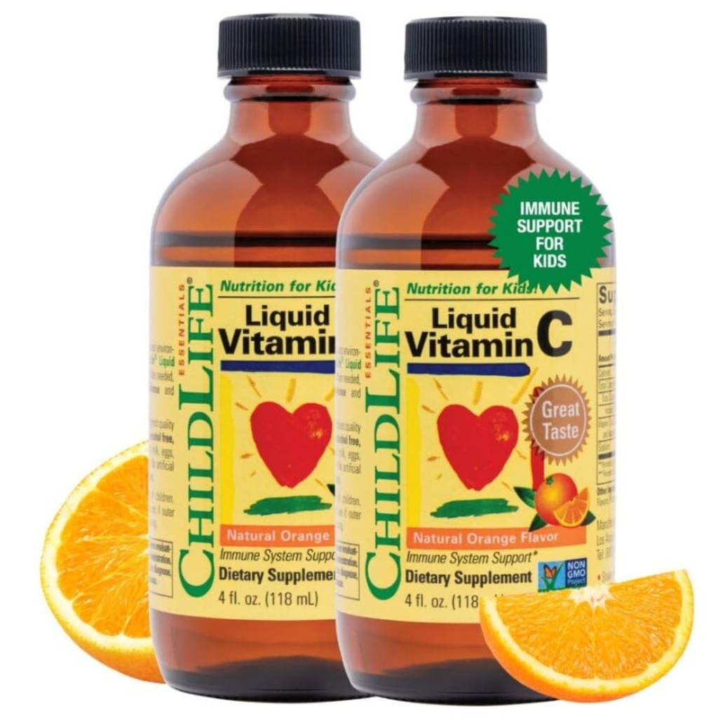 CHILDLIFE ESSENTIALS Tekoči vitamin C - Pure Vitamin C Tekoči dodatek za otroke, Podpora imunskega sistema, Natural Orange Flavor, 4 Fl Oz (Pack z 2)