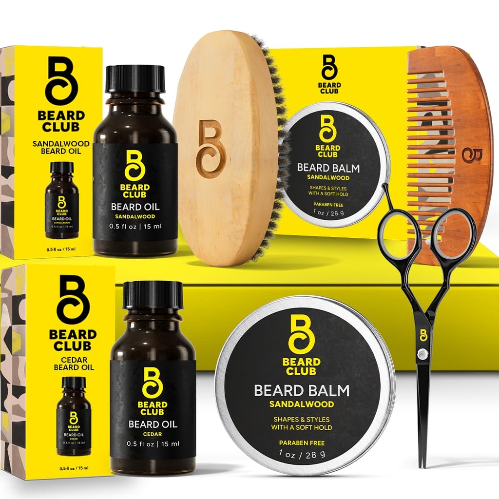 Bradavičarski komplet za moške - Komplet za nego in nego - Cedar & Sandalwood olje, balzam iz sandalwooda, Boar Bristle Brush, Comb, Trimming škarje - Set oče darilo
