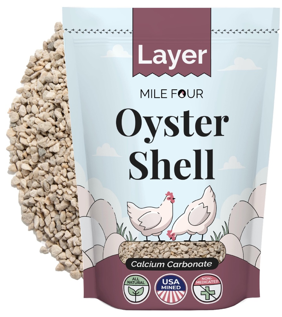 Mile Four Oyster Shell za piščance - Kalcijev dodatek za piščance, 100% naravni apnenec kalcijev karbonat, močna jajčna lupina in kost booster, 4 funti