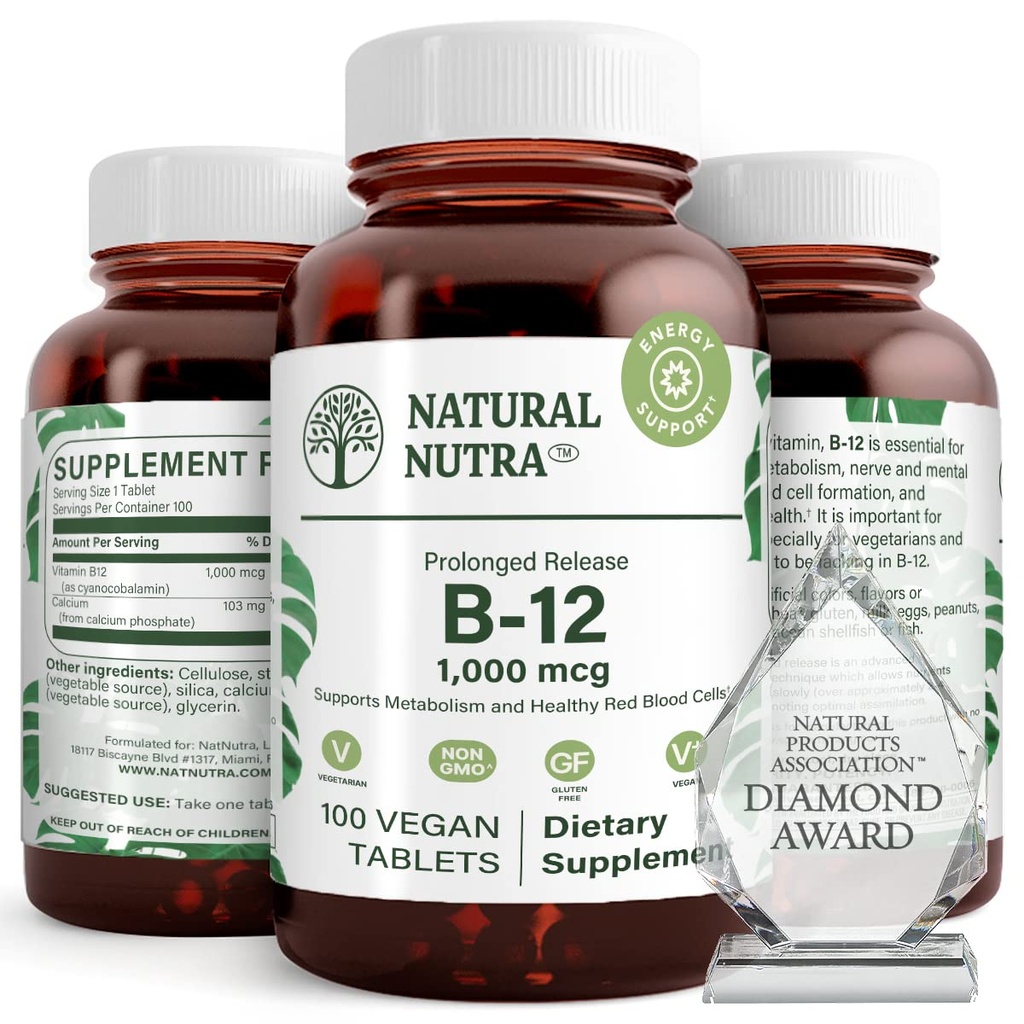Naravni vitamin Nutra B12 1000 μg, spodbujanje zdravja srca in živcev, kobalamin B12 dodatek, kalcijev fosfat, pomoč pri presnovi zdravje, optimalna absorpcija, brez glutena, brez sladkorja, 100 veganskih tablet
