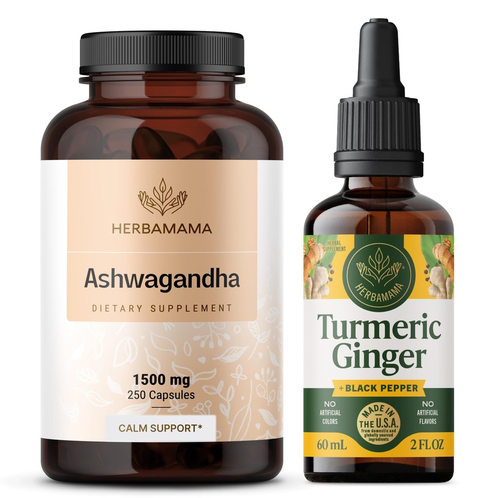 HERBAMA Ashwagandha in kurkuma ingver, ki vsebuje 1500 mg korenske kapsule Ashwagandha in kurkuma ingver tinktura 2 fl - vegan, ne-GMO, sladkor in alkohol - 2 pakiranji