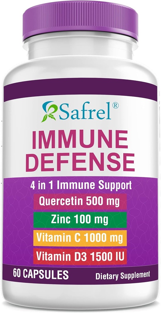 Safrel močna imunska podpora, Quercetin 500 mg, cinkov pikolinat100 mg, VitamatiC 1000 mg, vitamin D3 1000 i.e., 60 kapsul, 1 mesec oskrba 