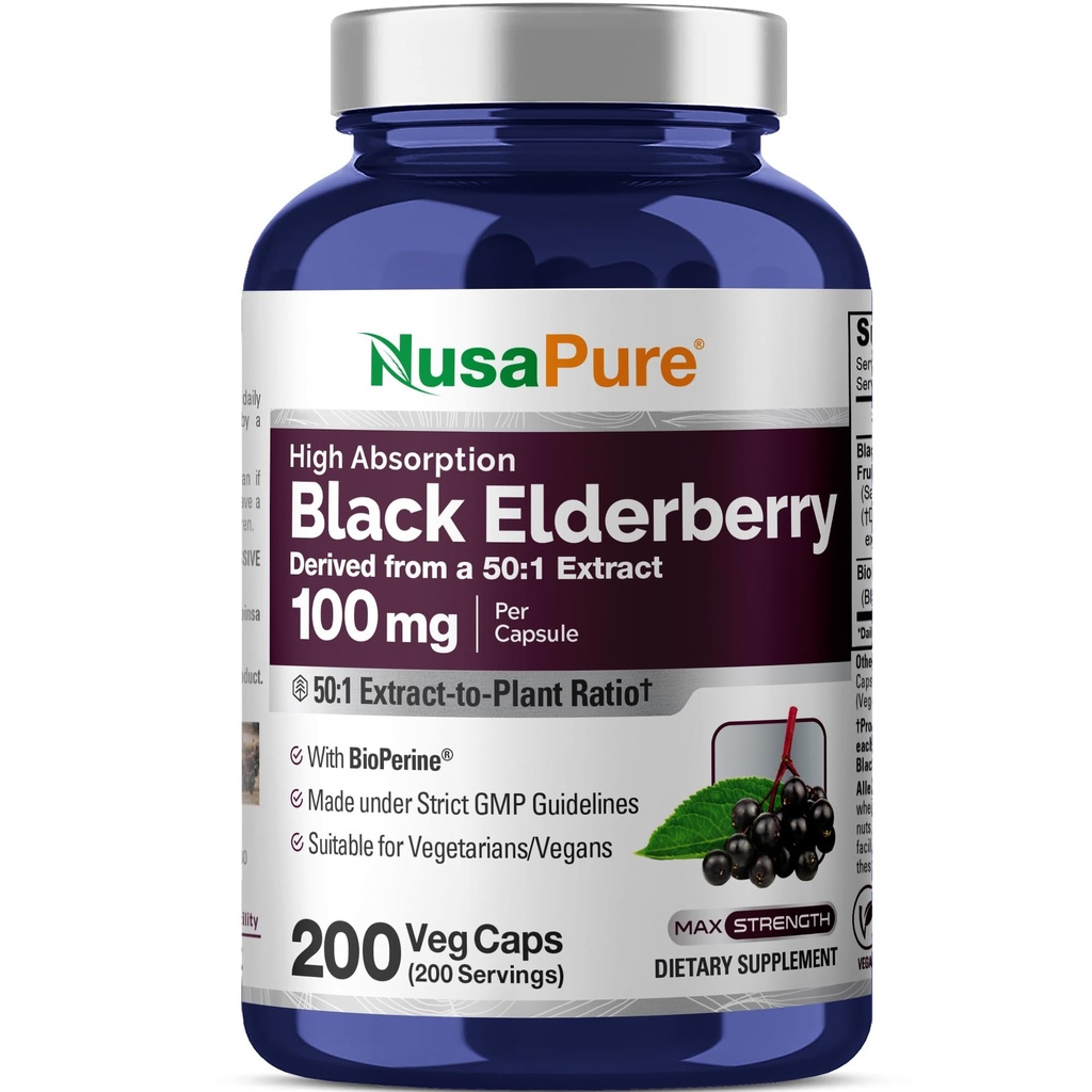 NusaPure Black Elderberry 50:1 Extract, 100 mg Enakovredno 5.000 mg na Veggie kapsule, 200 Število (Nen-GMO, Bioperine) Sambucus dodatek