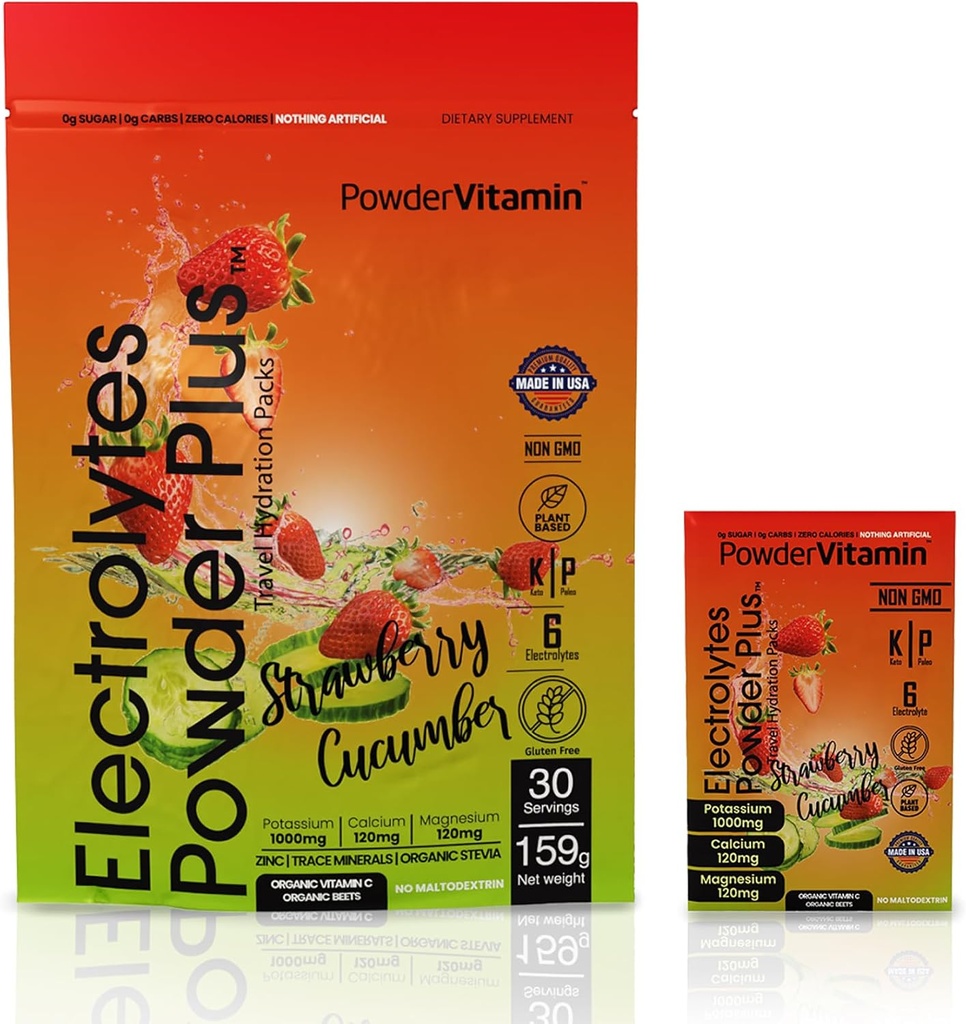 PowerVitamin Elektroliti Powder Packets - Jagodna Kumara - Keto Elektroliti za dnevno energijo - Hidracija v prahu s 1000mg kalija, 120mg magnezija, nič kalorij - 30 Hidracijski paketi