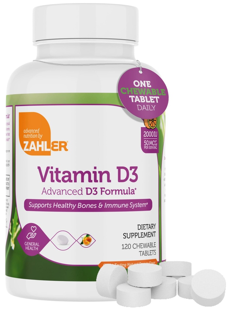 Zahler Vitamin D3 CHEWABLE 2000IU, vsenaravni dodatek za ciljanje pomanjkanja vitamina D, Certified Kosher, 120 Great Degusting Orange arome tablete