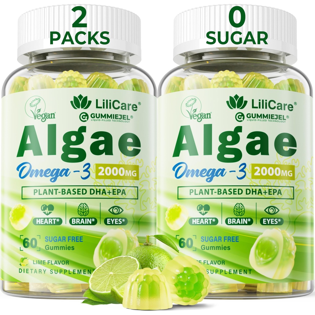 Omega 3 Gummies 2200mg iz Algae Oil (DHA 640mg & EPA 290mg) za ženske in moške, Vegan Omega 3 ribje olje Alternative, w/CoQ10, astaksantin, vitamin A, E, D3 za možgane, oči, antioksidant, Sugar Free 2Packs