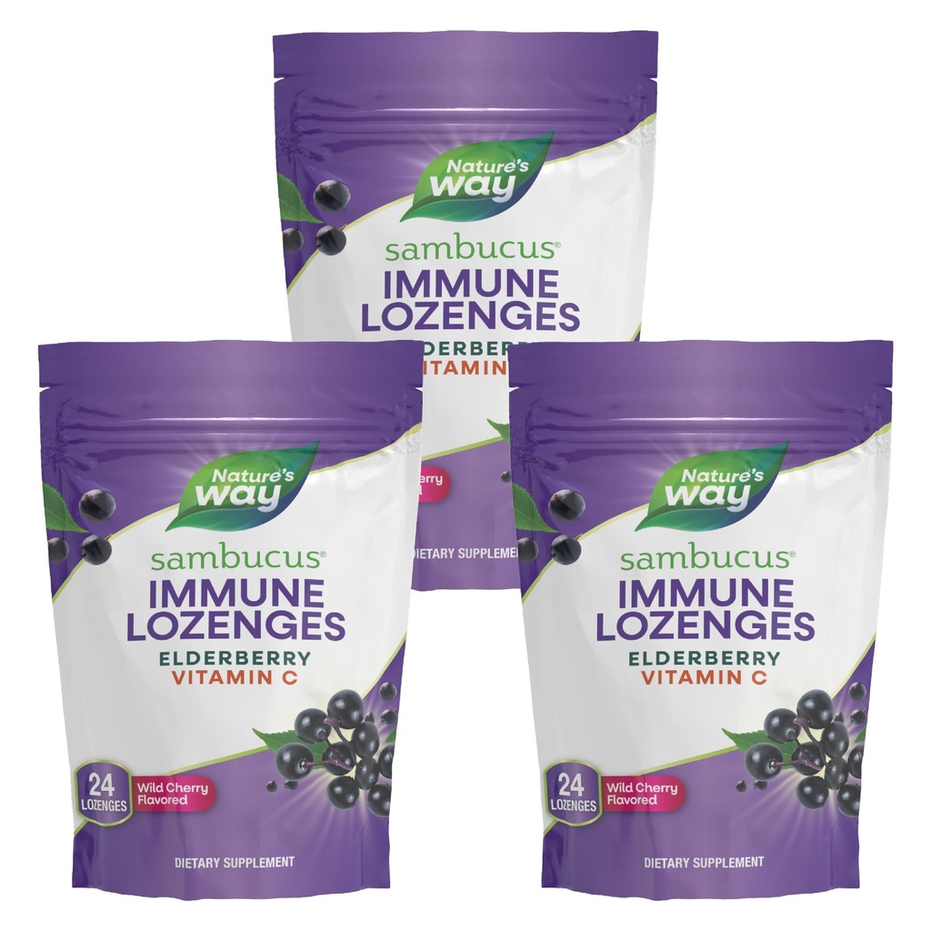 Naravne poti Sambucus Imune Lozenges, Visoka moč Vitamin C, Bezgove jagode, Divje češnje arome, 24 Lozenges (Packing May Vary) - 3 Pack